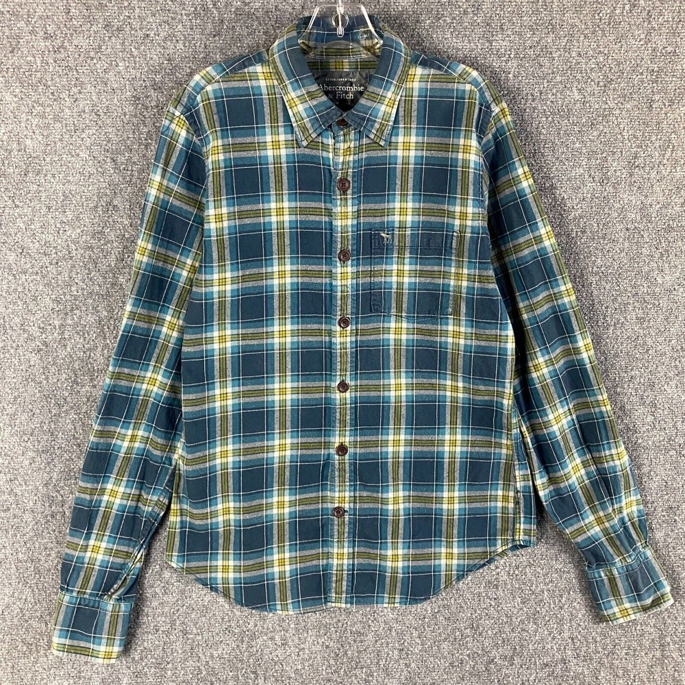 Abercrombie & Fitch Shirt Men's‎ Medium Plaid Button Up Casual Blue Green Cotton